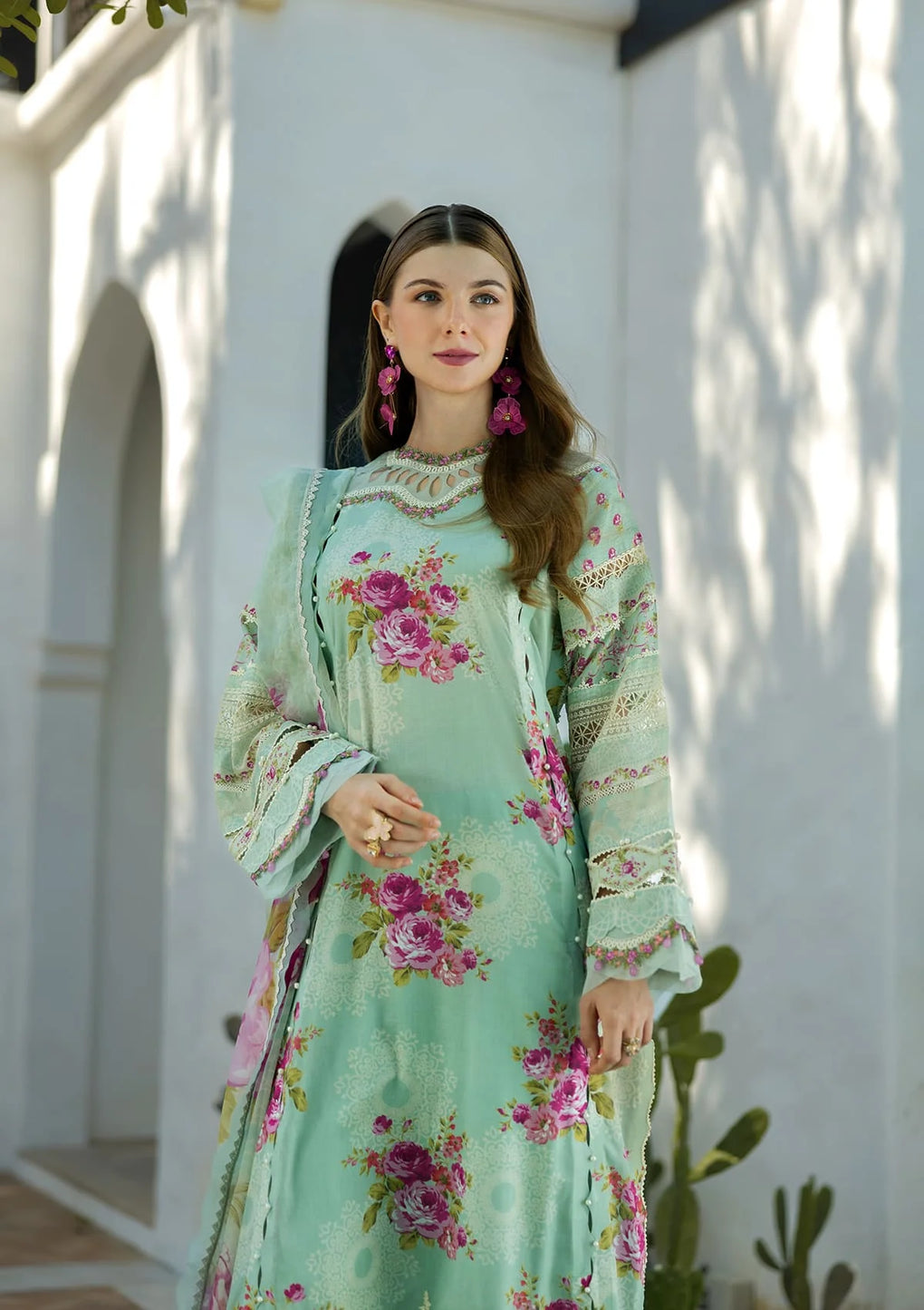 Elaf Premium | Signature 25 | ETS-03A TURQUOISE L Mint Gray Lawn