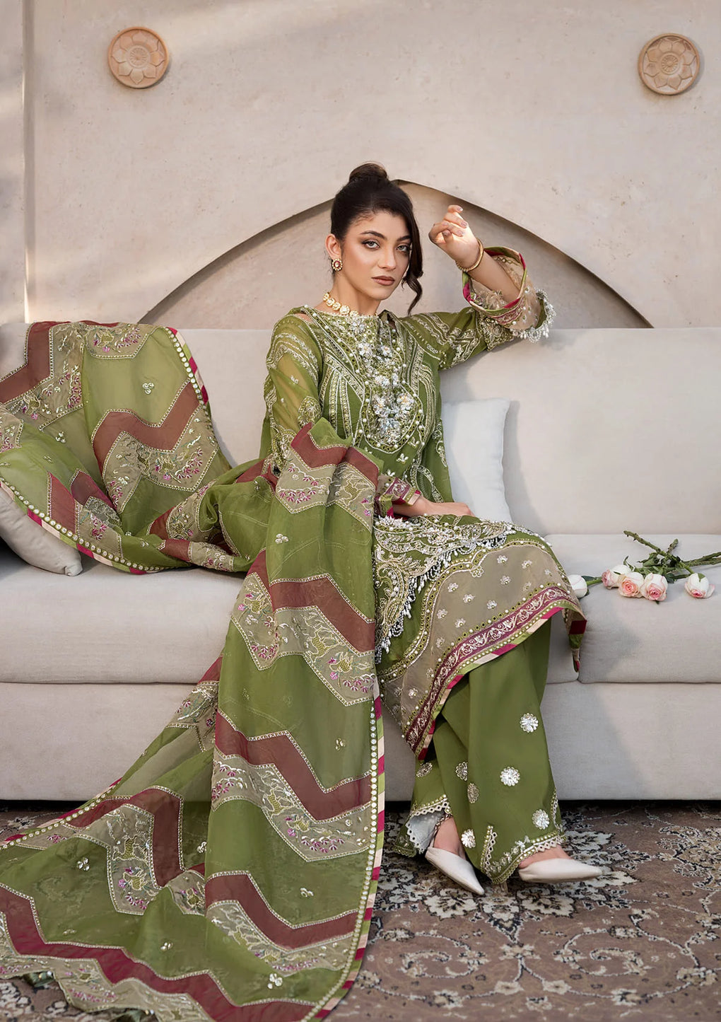 Elaf Premium | Formal Handwork Collection | EFH-08 PARWAANA M Olive Green Organza