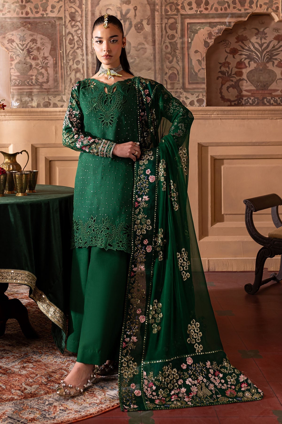 Nureh | Nur Mahal Formals | NE-138 XS Dark Green Silk