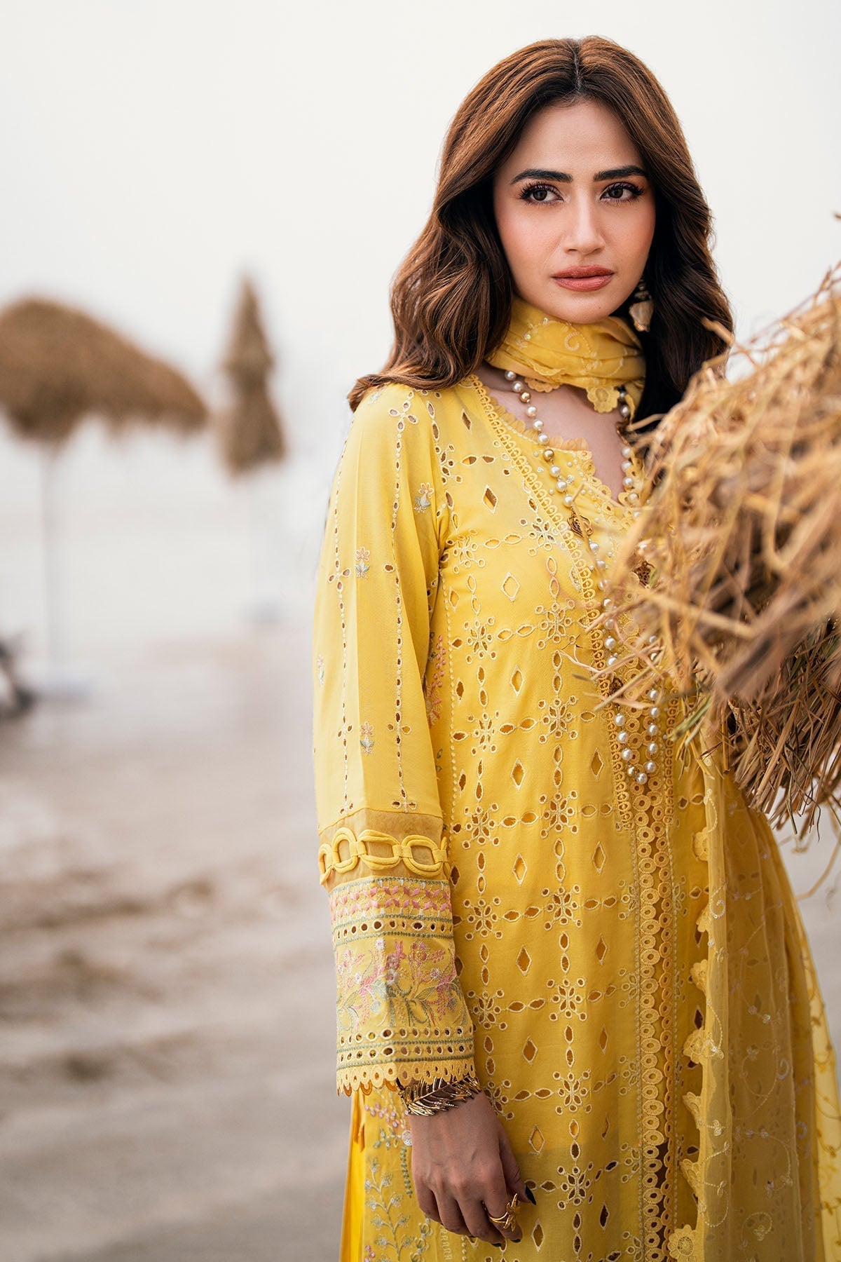 Nureh | Khuwab Luxury Lawn | NE-144 XL Lime Yellow Kalidar Long Gown
