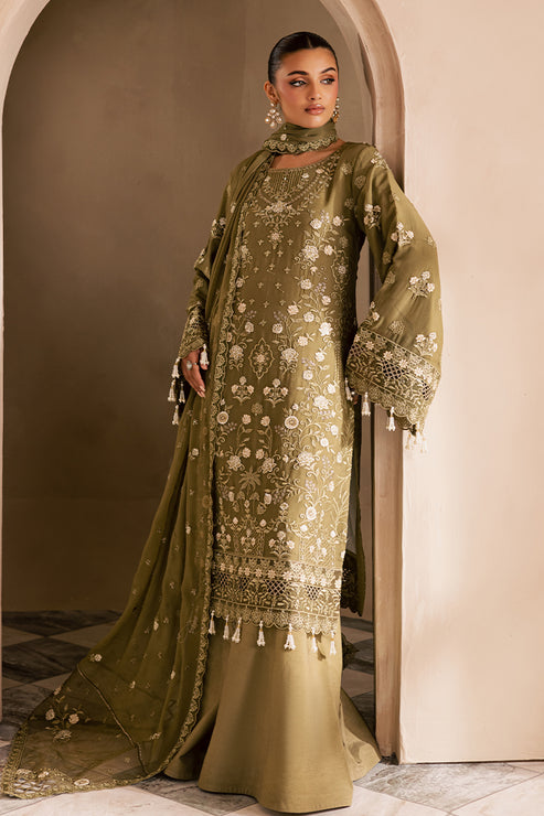 Emaan Adeel | Miraan luxury chiffon | DELARAM XL Mehndi Green Chiffon