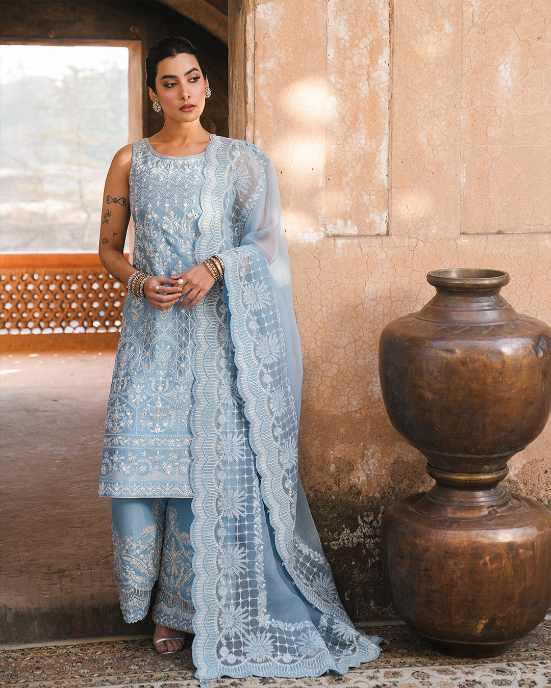 Faiza Saqlain | Zimmal Formals | Yulia M Light Blue Oak Silk