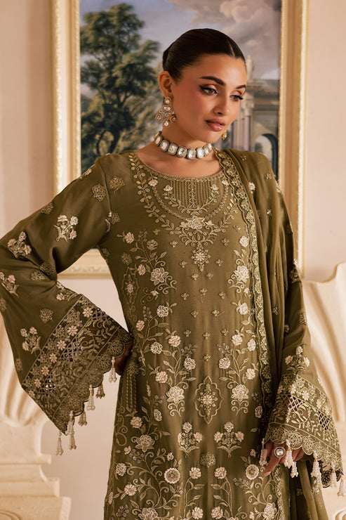 Emaan Adeel | Miraan luxury chiffon | DELARAM M Mehndi Green Chiffon