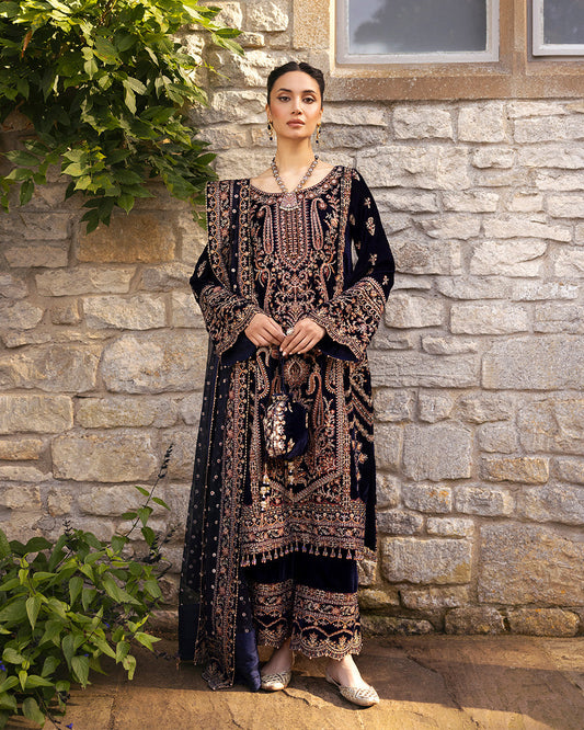Faiza Saqlain | Adeen Formals | Divone XS Dark Blue Embroidered Velvet