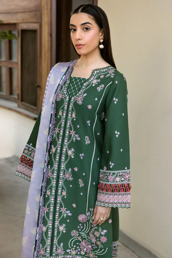 Farasha | Summer Weaves Embroidered Lawn | Emerald Eclips L Bottle Green Lawn