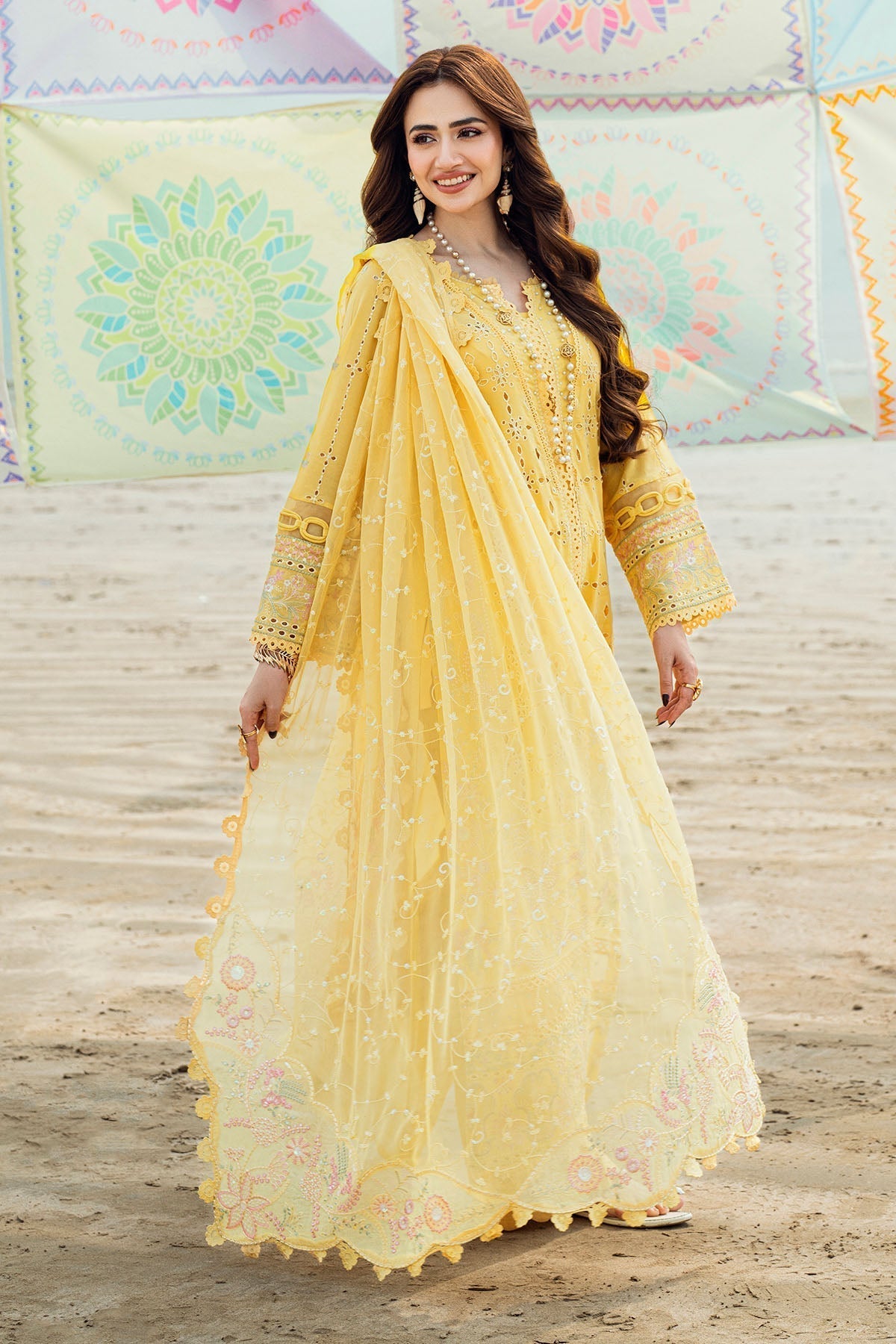 Nureh | Khuwab Luxury Lawn | NE-144 L Lime Yellow Long Open Shirt