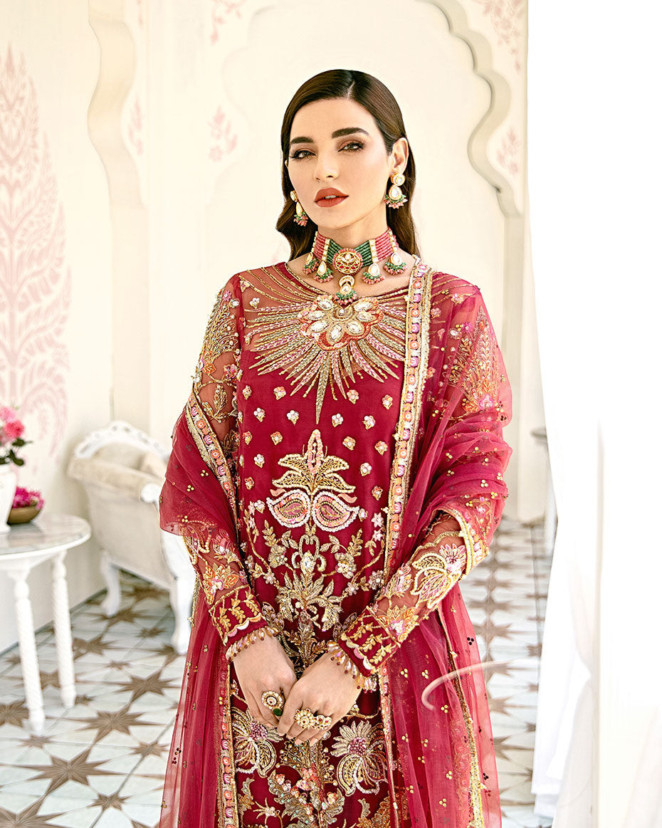 Gulaal | Wedding Formals | Rouge Embroidered Net 3-Piece Suit WS-06 - Pakistani Designer Dress - by Gulaal | Type: Bridal - 100% Original at Saira Sultan