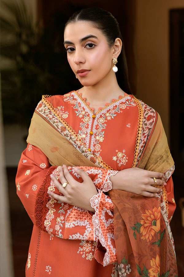 Farasha | Summer Weaves Embroidered Lawn | Orange Petal M Burnt Orange Lawn