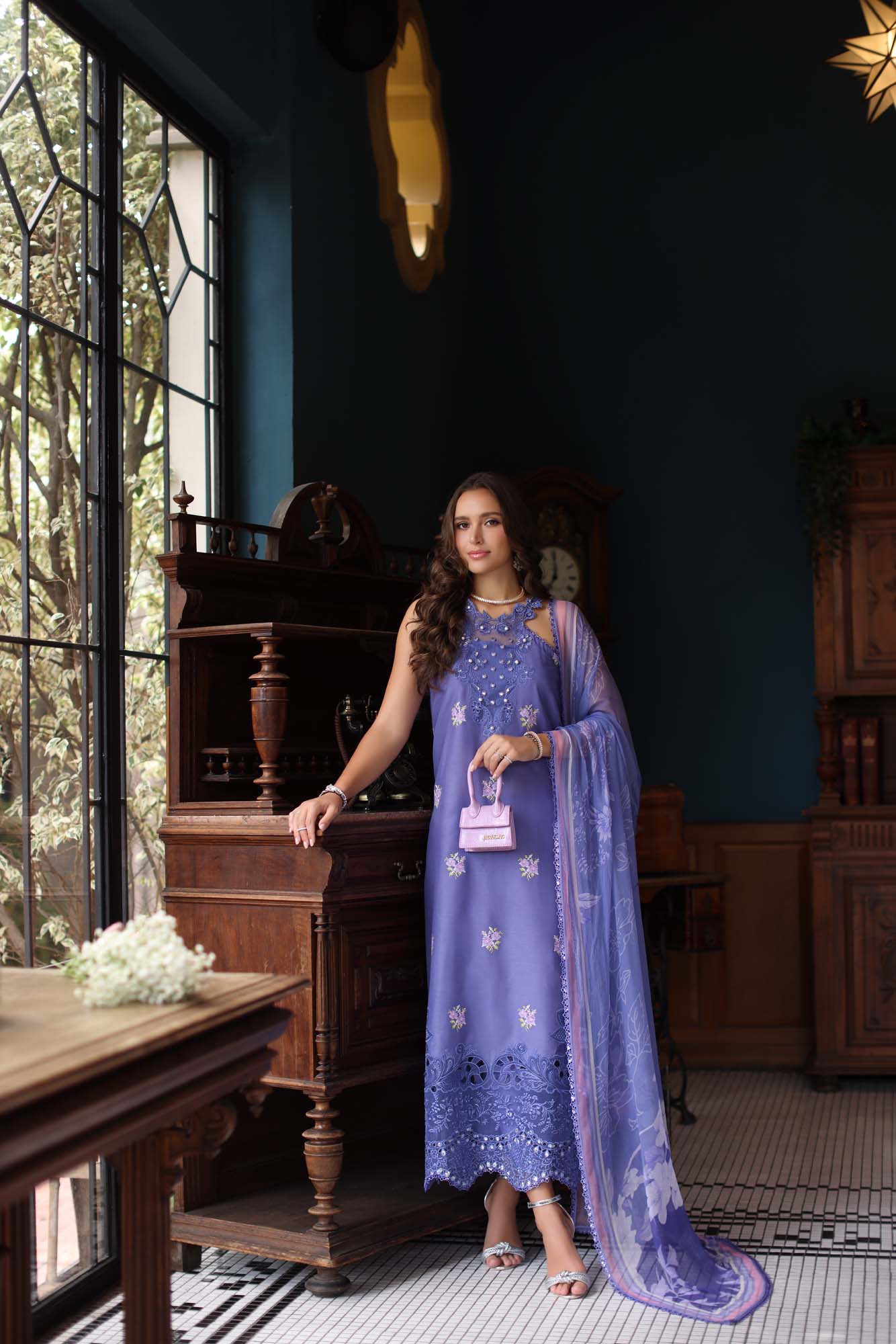Noor by Saadia Asad | Eid Luxury Schiffli Laserkari 25 | D2- Indigo XS Lavender Lawn
