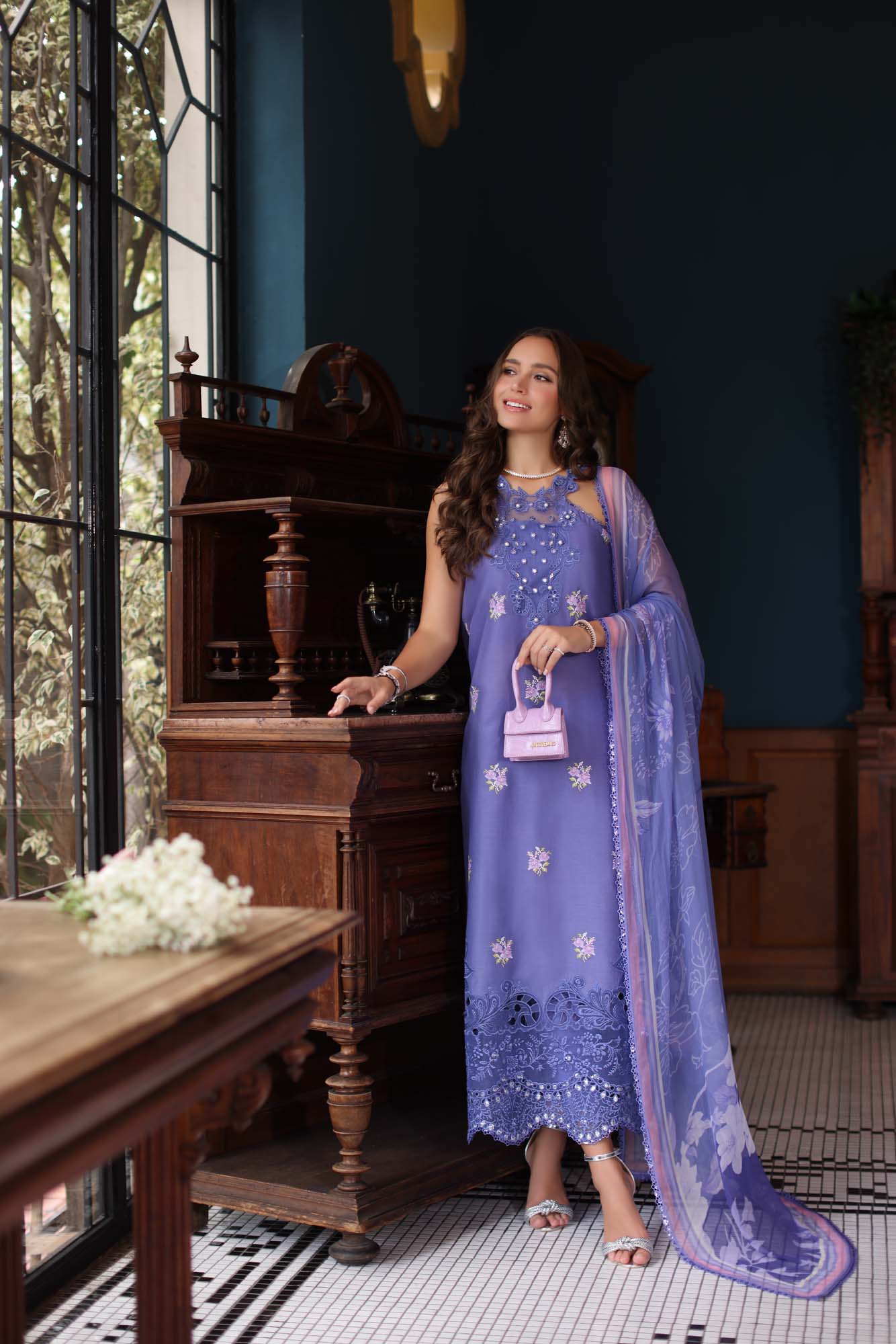 Noor by Saadia Asad | Eid Luxury Schiffli Laserkari 25 | D2- Indigo S Lavender Lawn