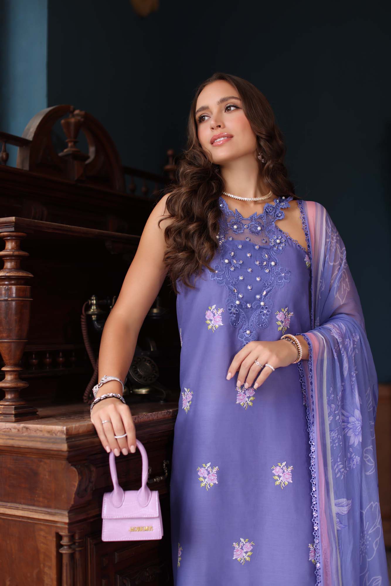 Noor by Saadia Asad | Eid Luxury Schiffli Laserkari 25 | D2- Indigo M Lavender Lawn