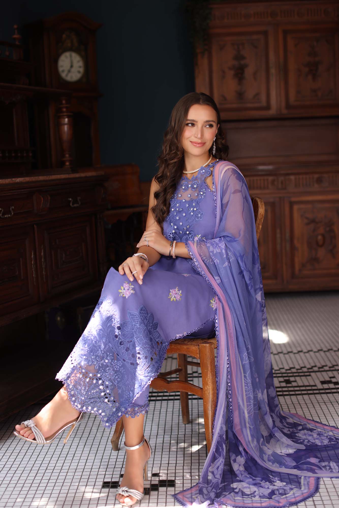 Noor by Saadia Asad | Eid Luxury Schiffli Laserkari 25 | D2- Indigo L Lavender Lawn