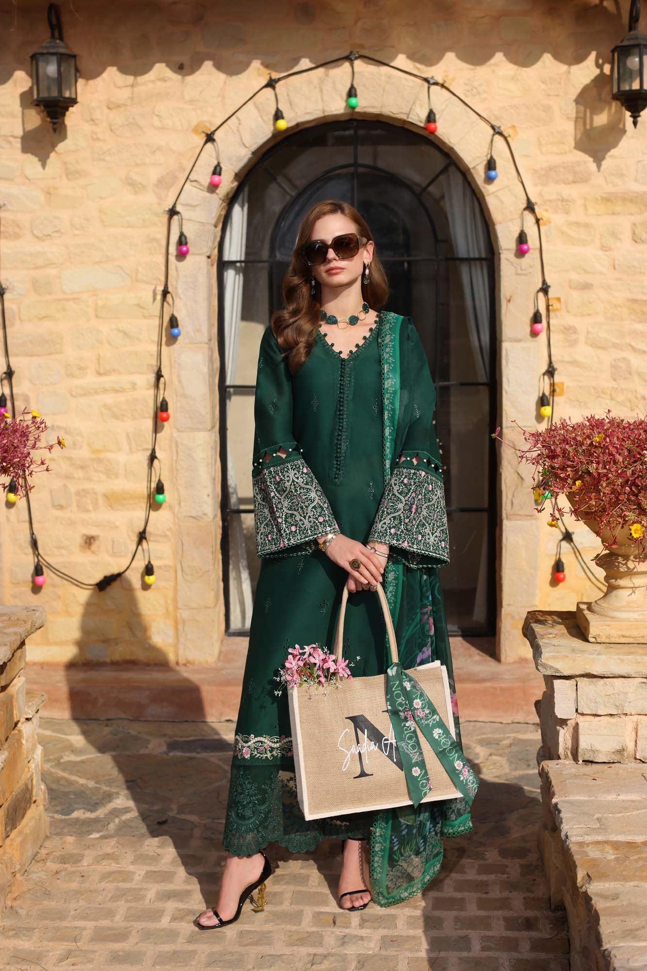 Noor by Saadia Asad | Luxe Chikankari 25 | D1-A XS Deep Green Lawn
