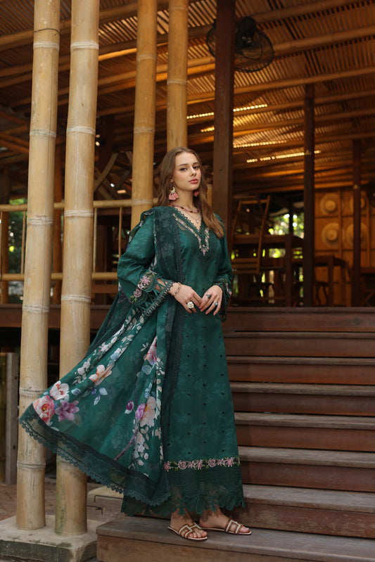 Noor by Saadia Asad | Eid Luxe Printedkari | D9-B XS Bottle Green Lawn