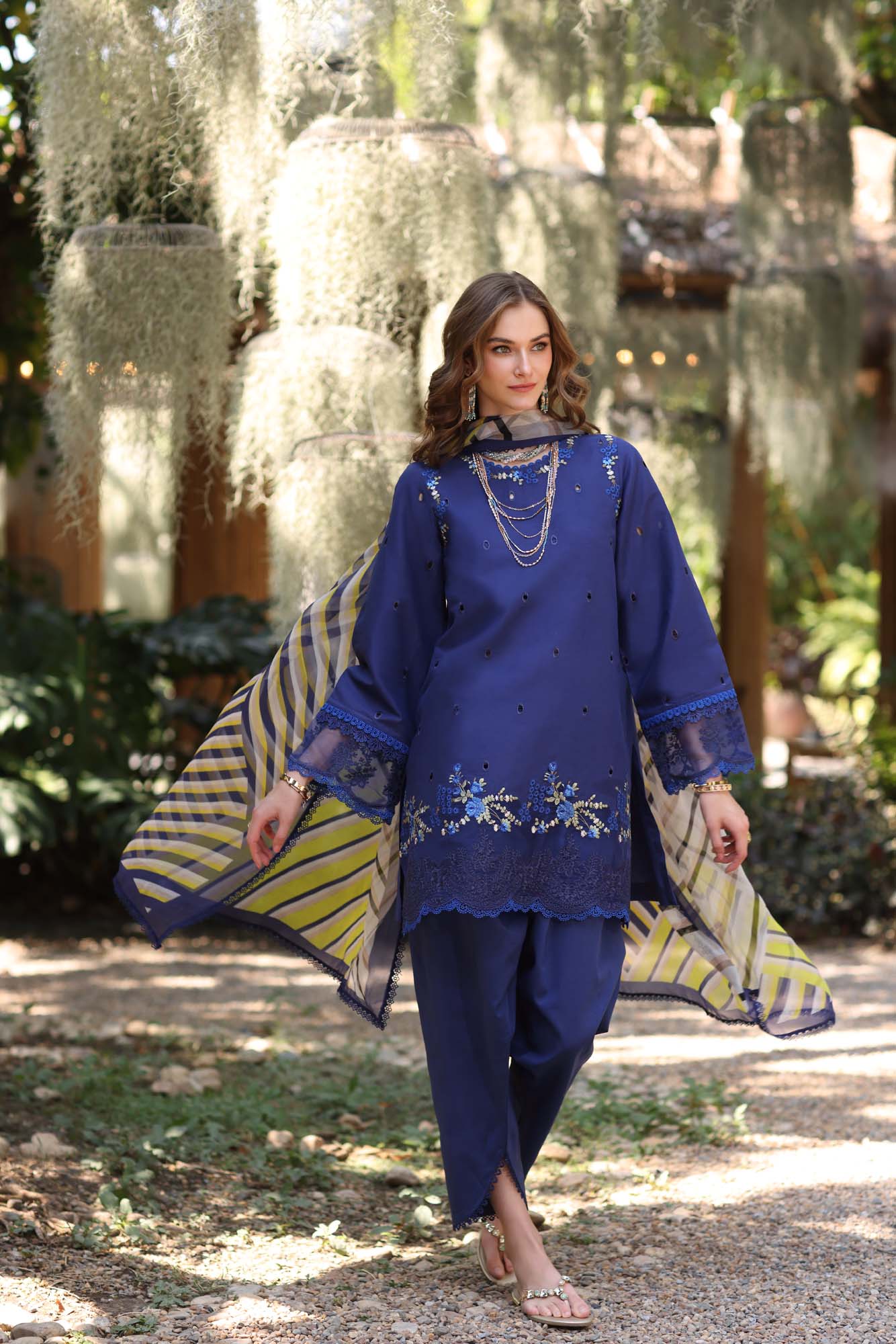 Noor by Saadia Asad | Eid Luxe Printedkari | D3-A M Navy Blue Lawn