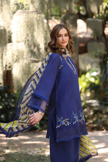 Noor by Saadia Asad | Eid Luxe Printedkari | D3-A XL Navy Blue Lawn