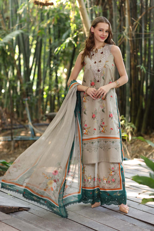 Noor by Saadia Asad | Eid Luxe Printedkari | D4-A XS Desert Sand Lawn