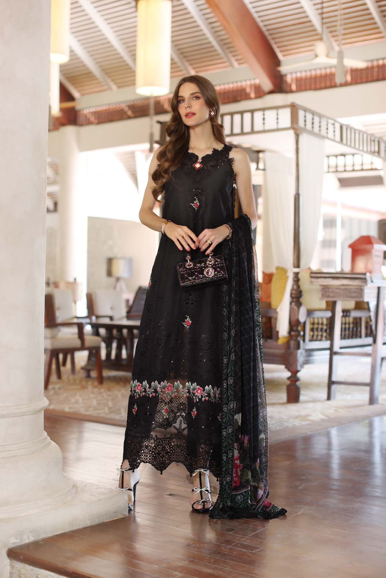 Noor by Saadia Asad | Eid Luxury Laserkari 25 | D4-A XS Black Short Shirt with Shalwar