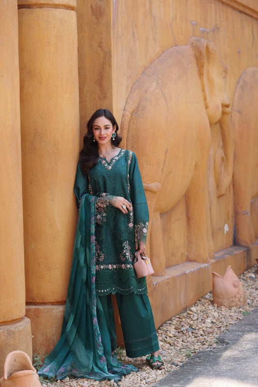 Noor by Saadia Asad | Eid Luxury Laserkari 25 | D10-A XS Deep Teal Green Lawn