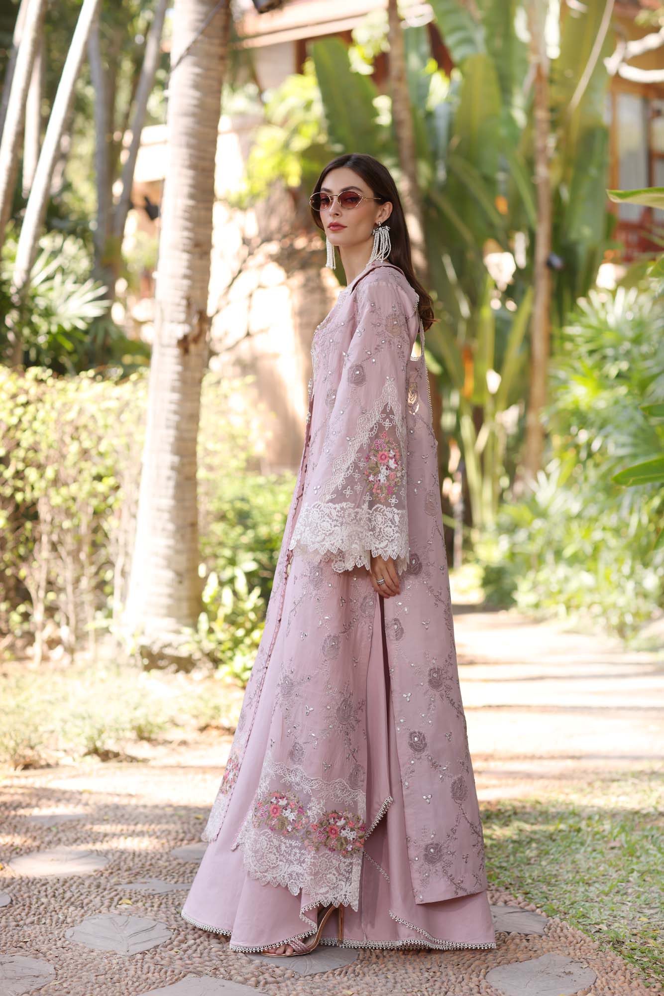 Noor by Saadia Asad | Eid Luxury Laserkari 25 | D8-A S Lilac Long Open Gown with Sharara