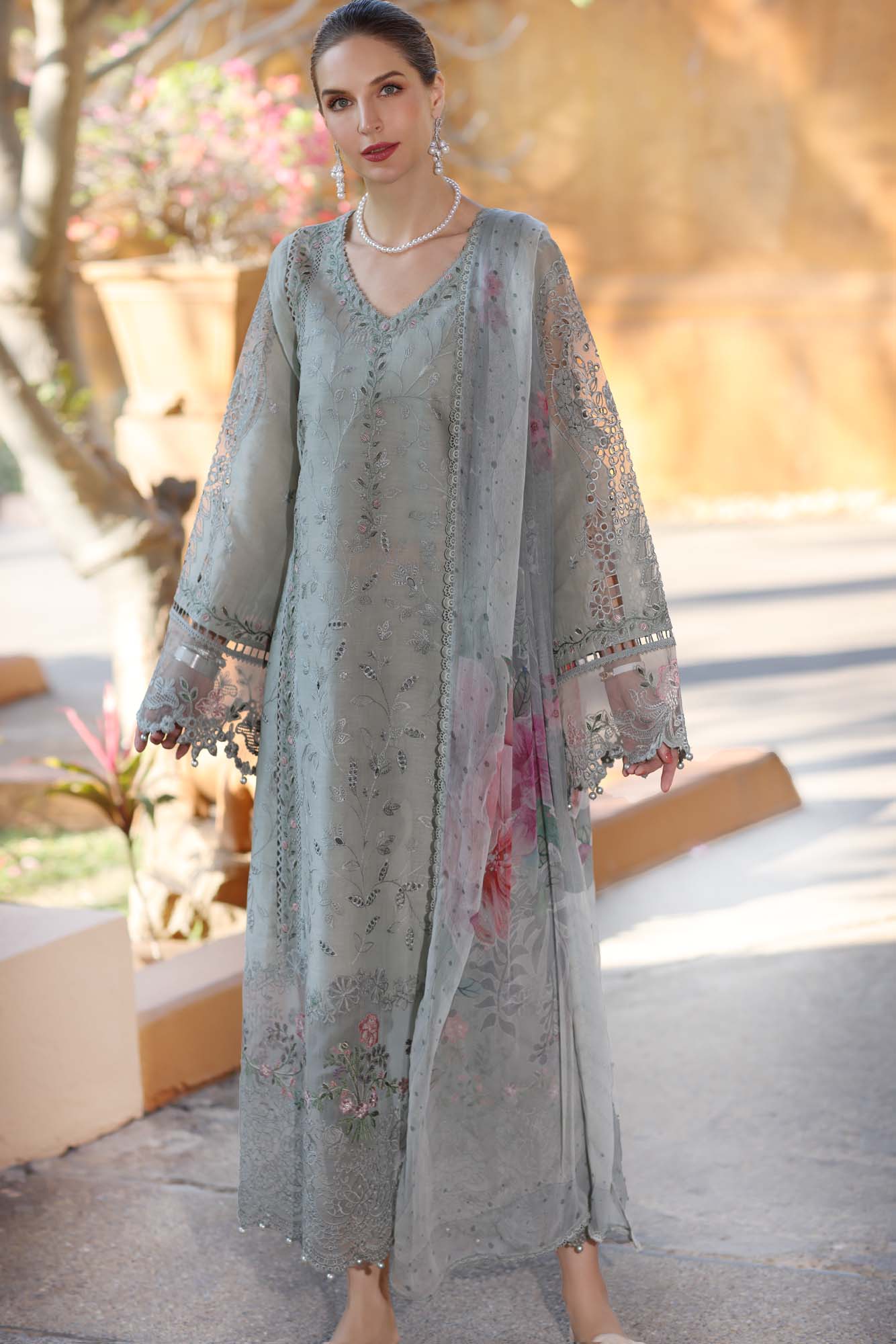 Noor by Saadia Asad | Eid Luxury Laserkari 25 | D1-A M Gray Long Shirt