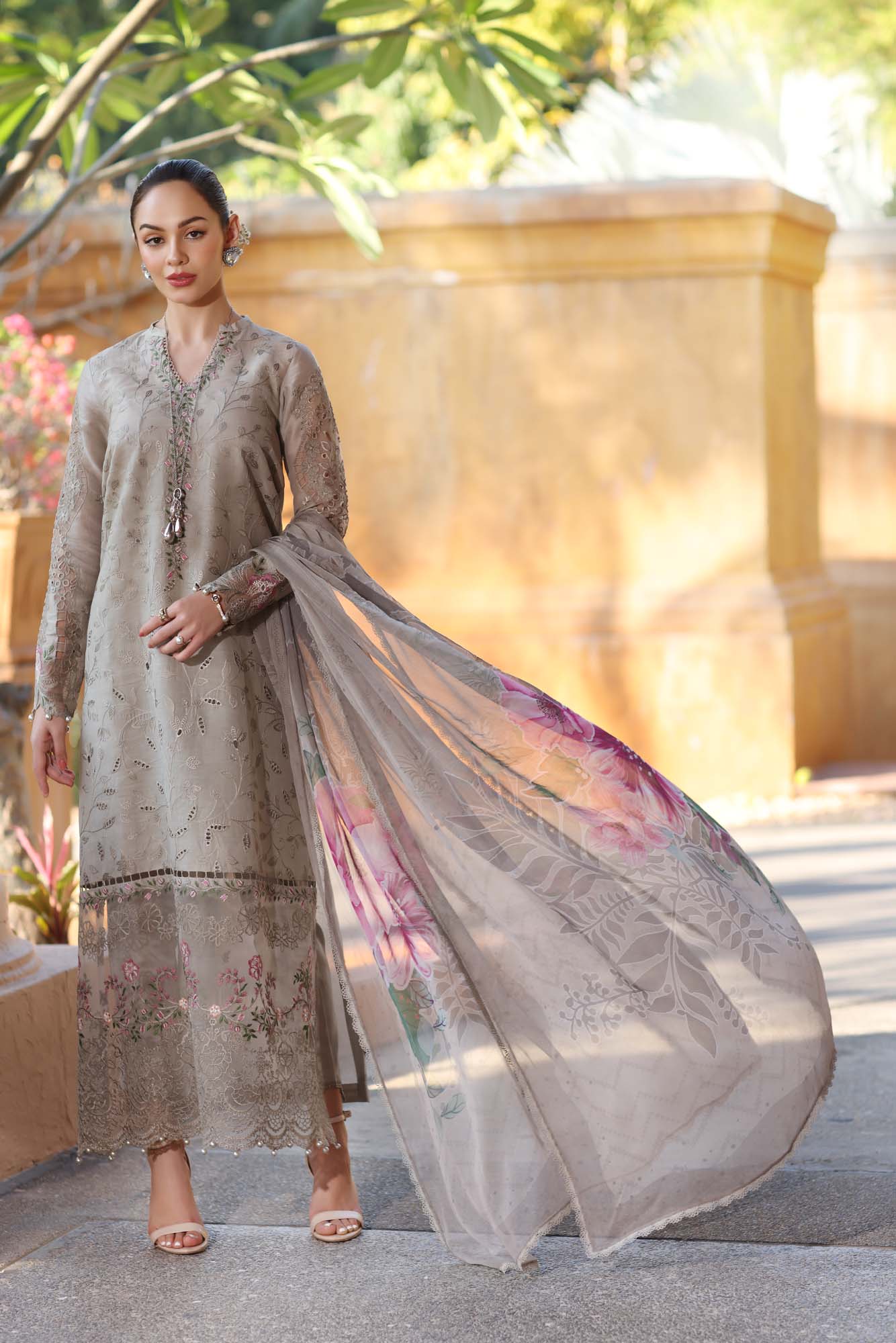 Noor by Saadia Asad | Eid Luxury Laserkari 25 | D1-B XS Cloud Gray Lawn