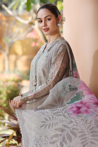 Noor by Saadia Asad | Eid Luxury Laserkari 25 | D1-B M Cloud Gray Lawn
