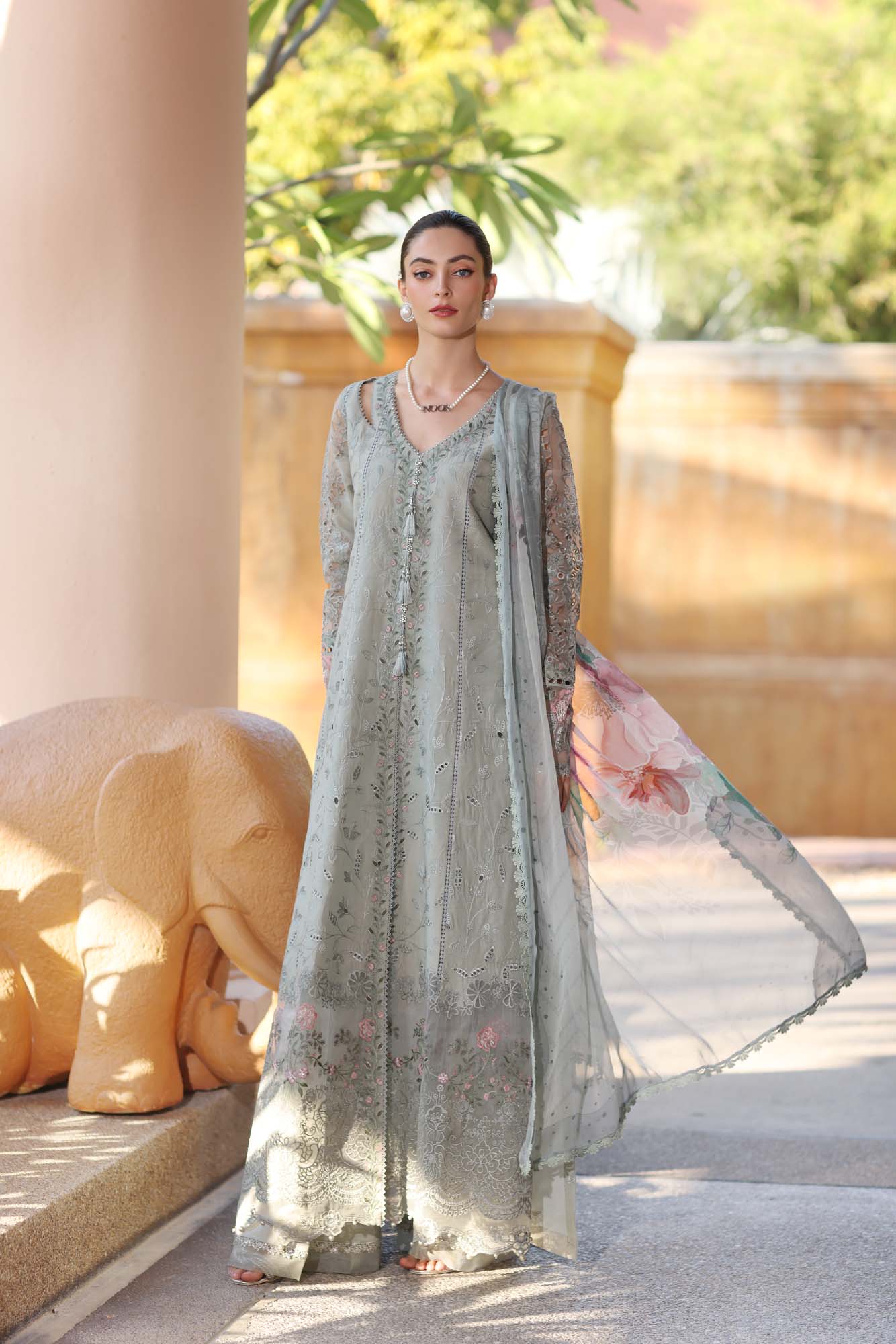 Noor by Saadia Asad | Eid Luxury Laserkari 25 | D1-A M Gray Long Slit Shirt