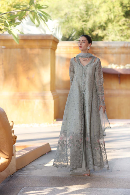 Noor by Saadia Asad | Eid Luxury Laserkari 25 | D1-A S Gray Long Slit Shirt
