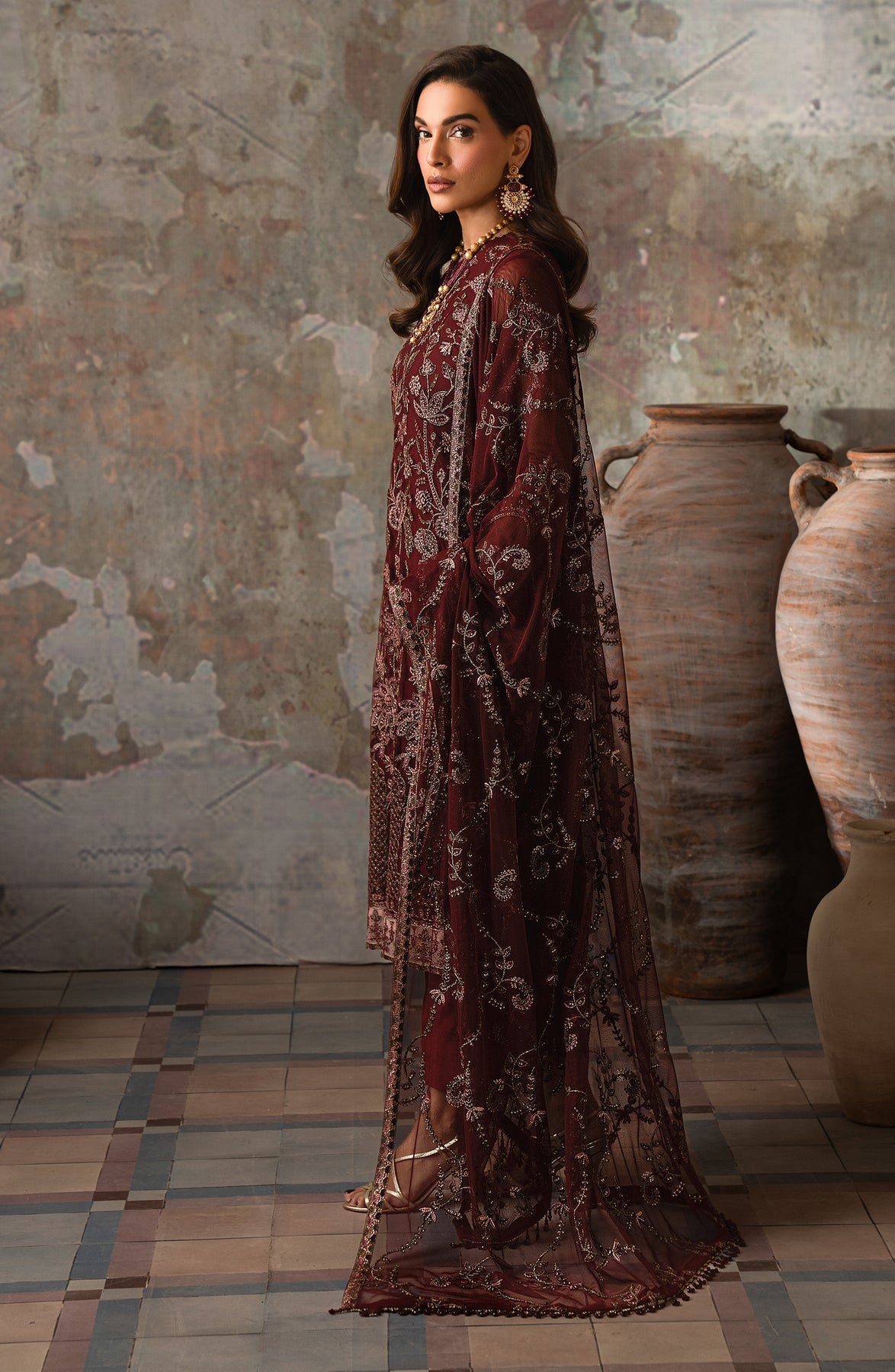 Zarif | Emirah Formals | ZEF 03 CHARM L Dark Maroon Net