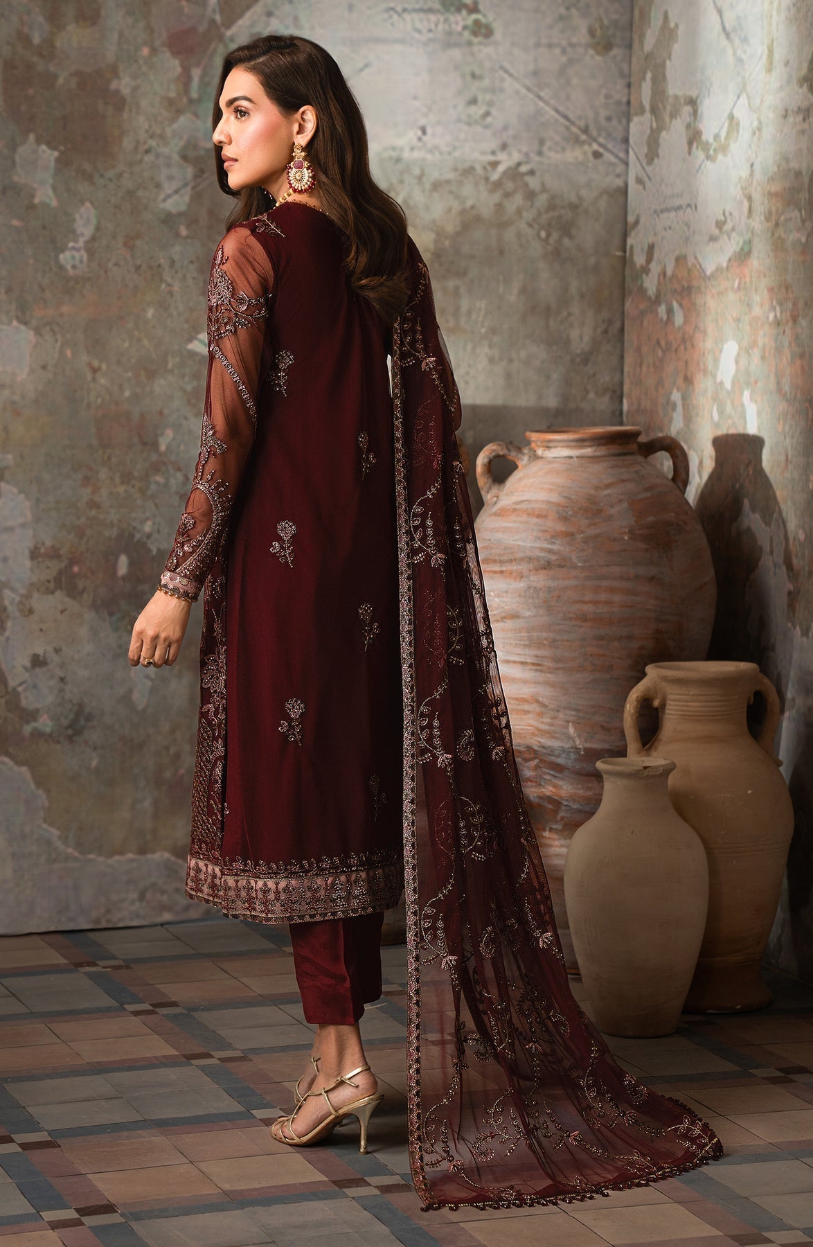Zarif | Emirah Formals | ZEF 03 CHARM S Dark Maroon Net