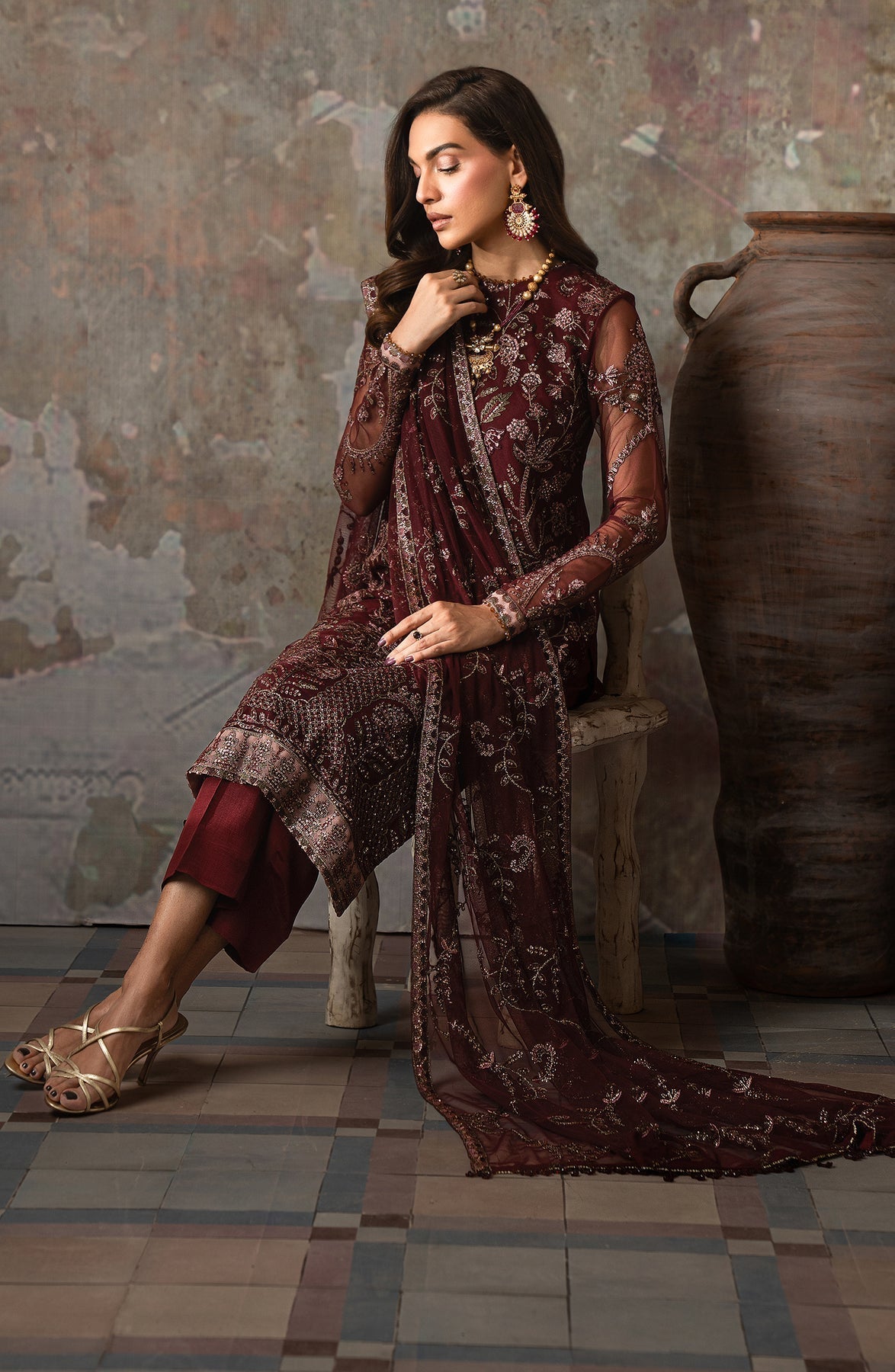 Zarif | Emirah Formals | ZEF 03 CHARM Custom Size Dark Maroon Net