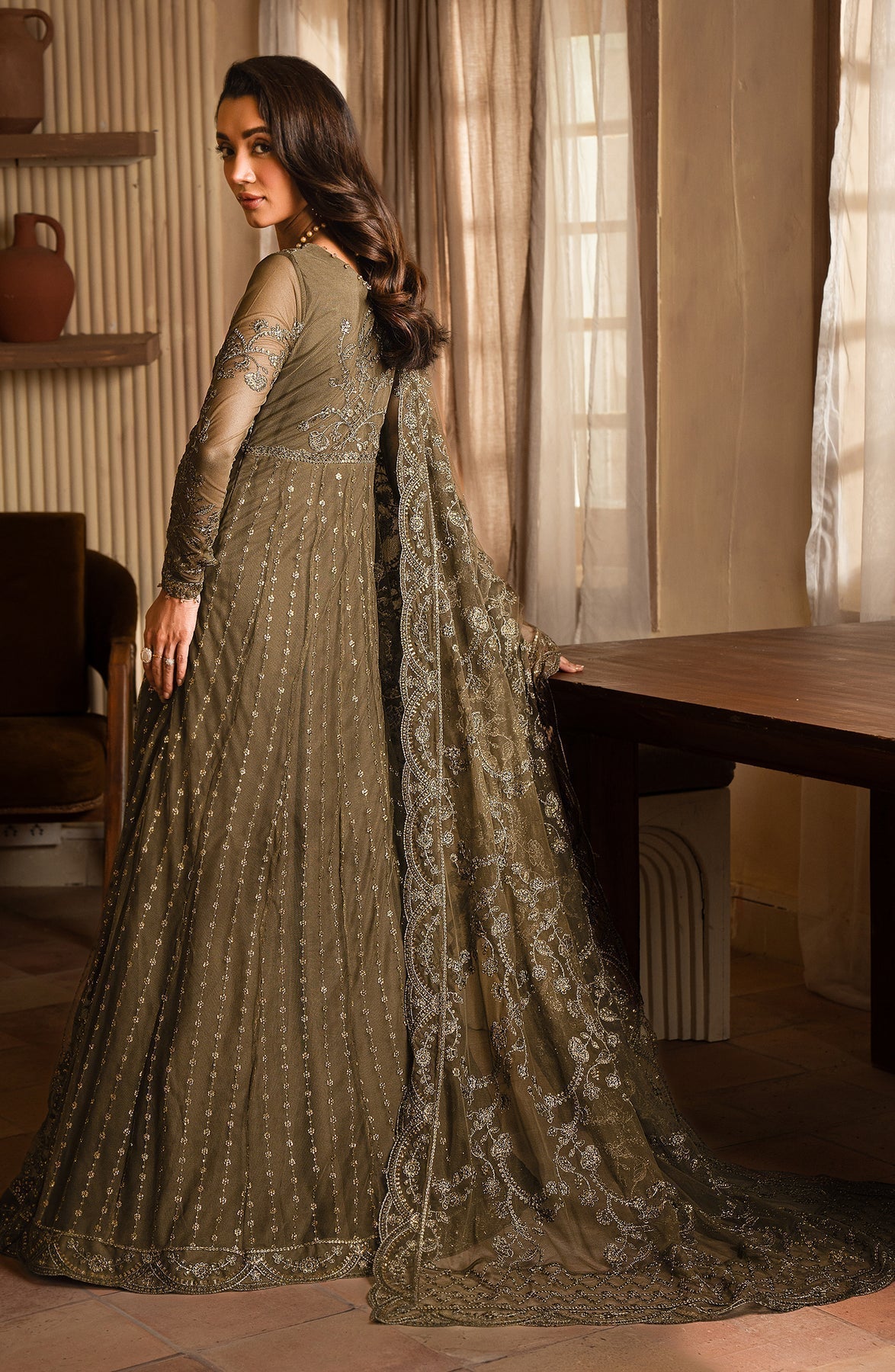Zarif | Emirah Formals | ZEF 07 JAZAB M Mehndi Green Net