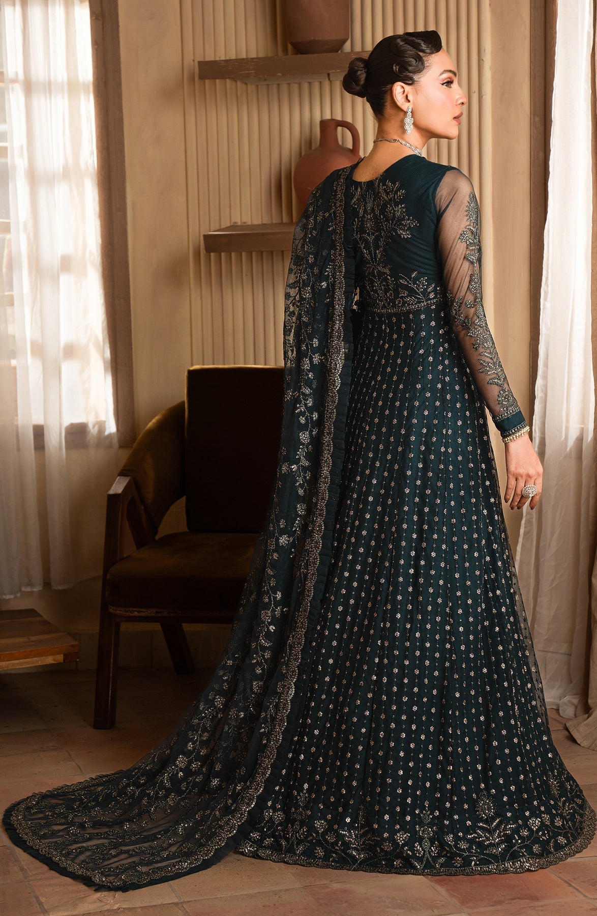 Zarif | Emirah Formals | ZEF 01 ORNA M Deep Teal Green Net