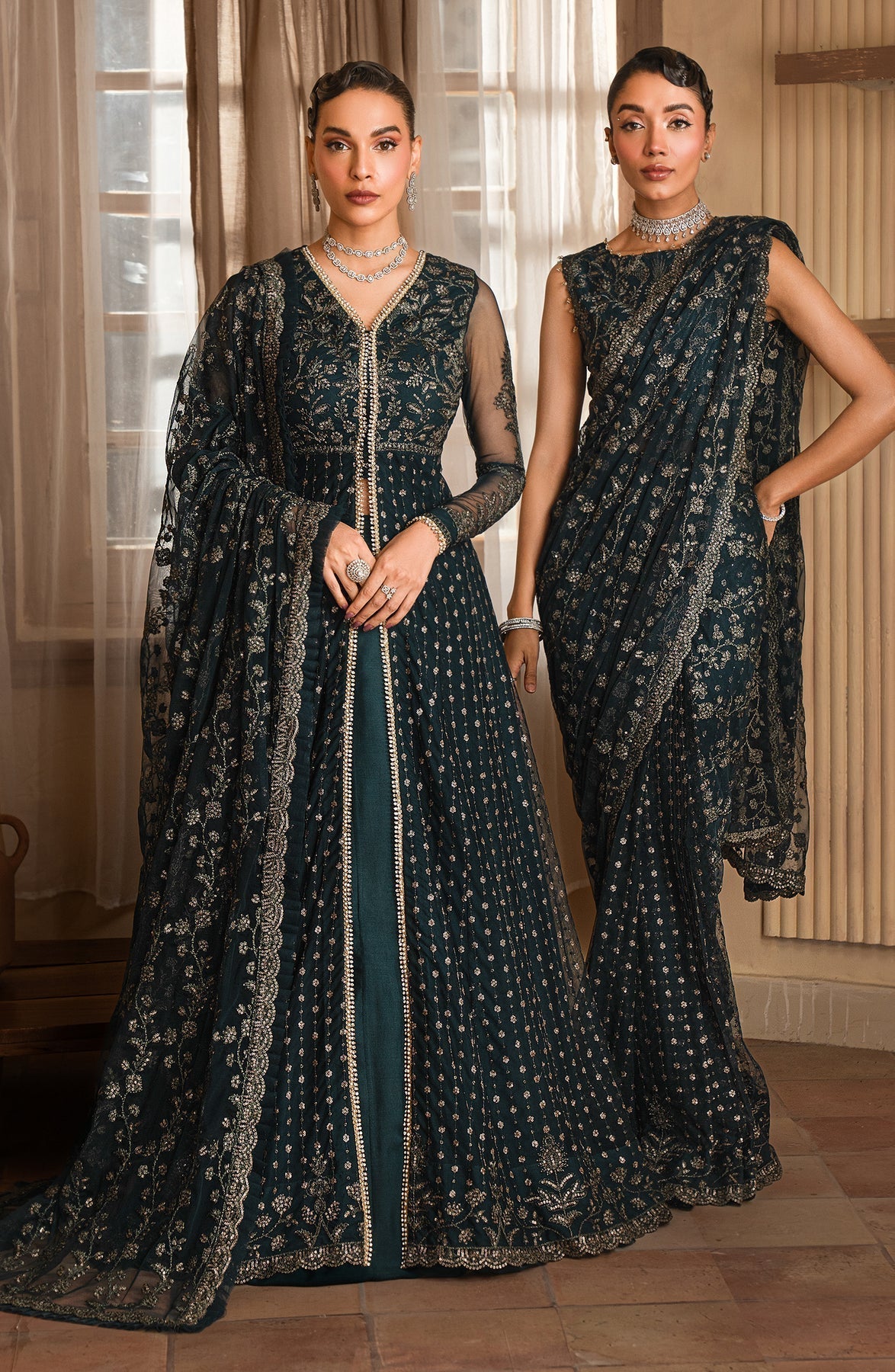 Zarif | Emirah Formals | ZEF 01 ORNA S Deep Teal Green Net