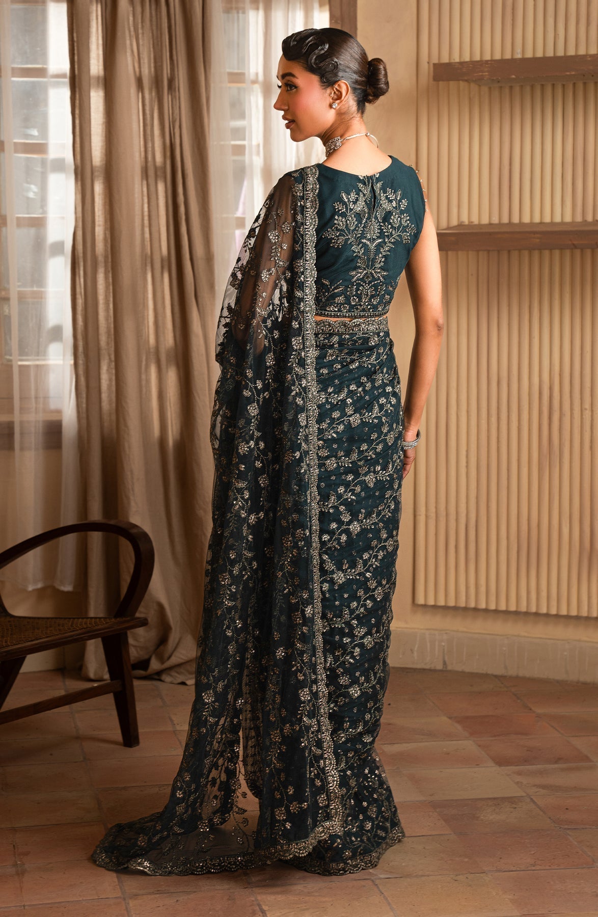 Zarif | Emirah Formals | ZEF 01 ORNA L Deep Teal Green Net