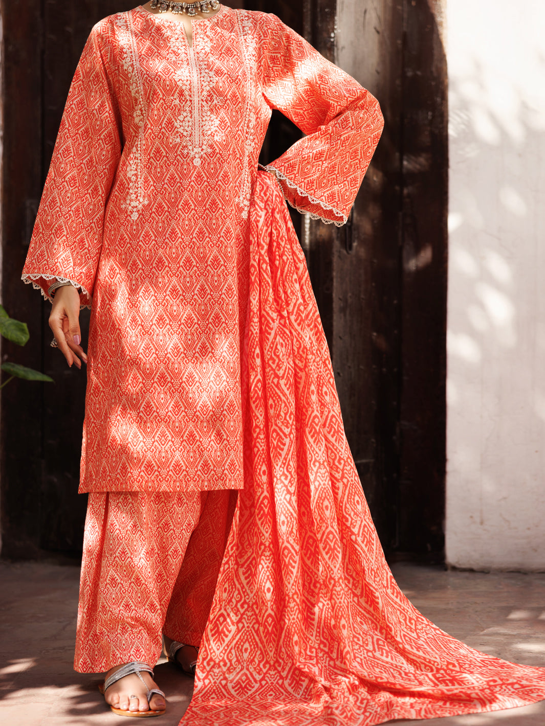 Almirah | Traditional Tale | ALP-3PS-2129 XS Pinkish Orange Lawn
