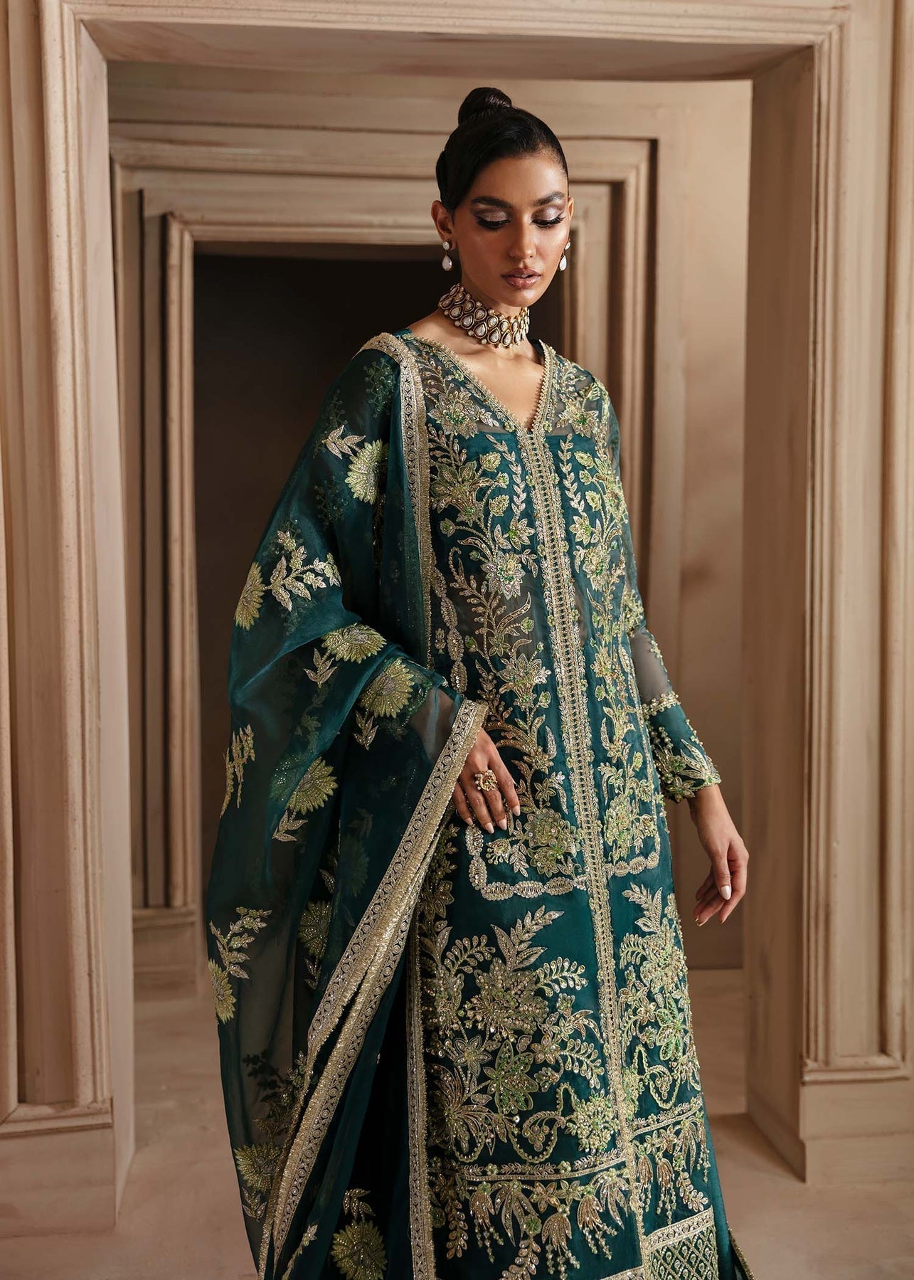 Akbar Aslam | Deewani Wedding Formals | Celeste M Deep Teal Green Organza