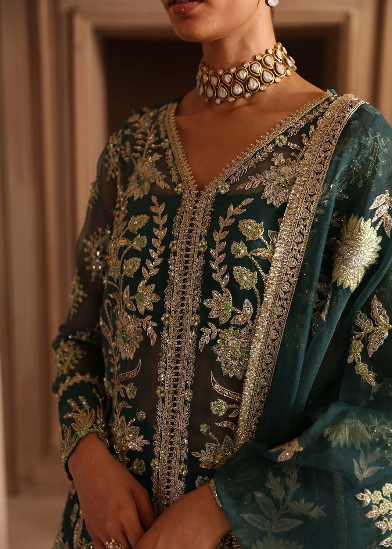 Akbar Aslam | Deewani Wedding Formals | Celeste XL Deep Teal Green Organza