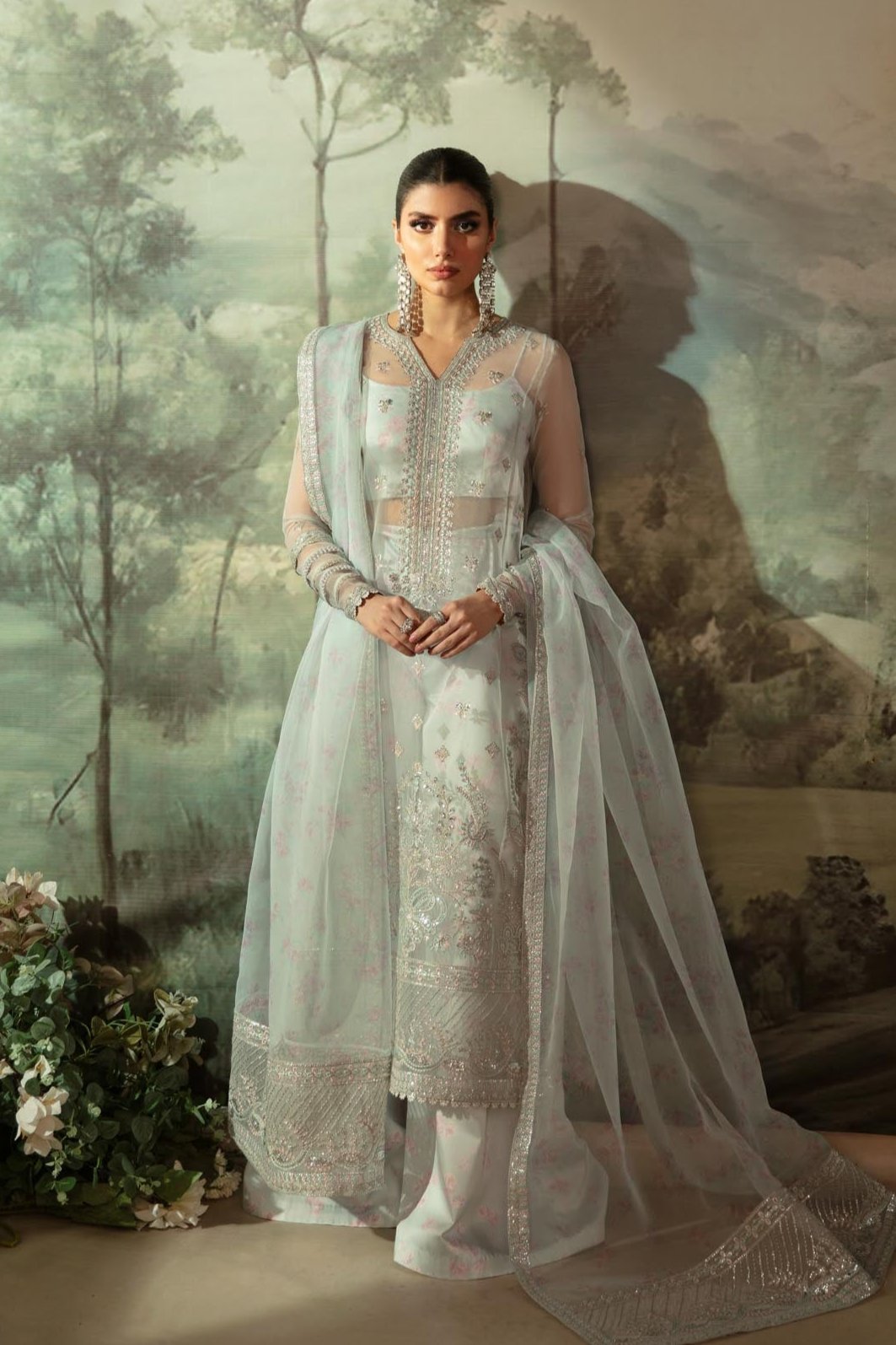 Akbar Aslam | Velora Formal Pret | Ecru XS Light Pistachio Organza