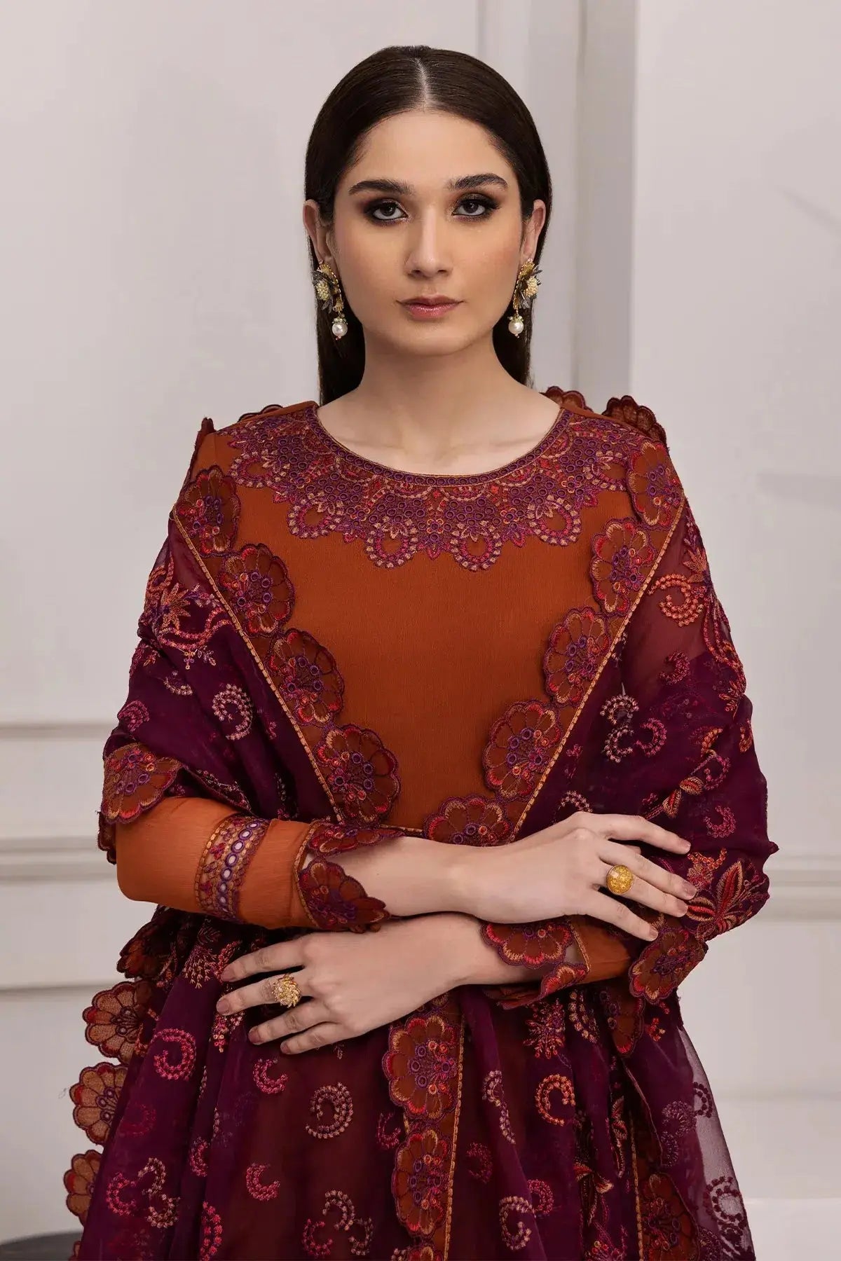 Alizeh | Formals Collection | Rust Dress 3 piece - RTW1011 - Pakistani Designer Dress - by Alizeh | Type: Formal - 100% Original at Saira Sultan