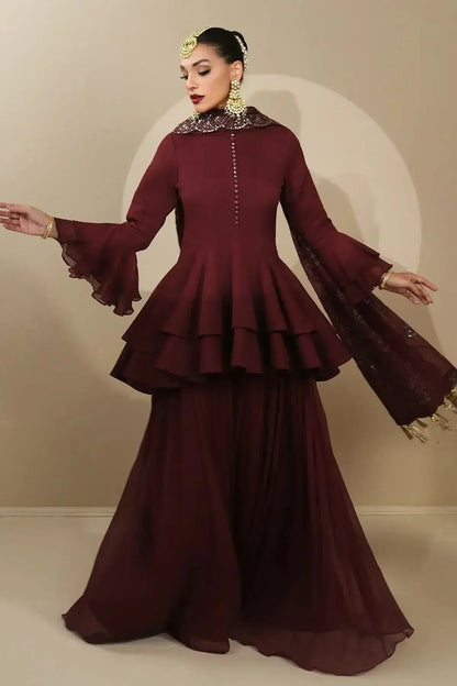 Alizeh | Formals Collection | Maroon Peplum 3 piece - RTW1014 - Pakistani Designer Dress - by Alizeh | Type: Formal - 100% Original at Saira Sultan