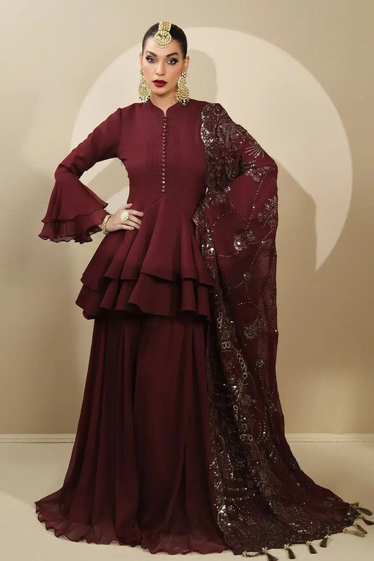 Alizeh | Formals Collection | Maroon Peplum 3 piece - RTW1014 - Pakistani Designer Dress - by Alizeh | Type: Formal - 100% Original at Saira Sultan