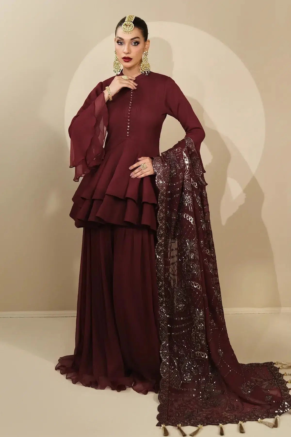 Alizeh | Formals Collection | Maroon Peplum 3 piece - RTW1014 - Pakistani Designer Dress - by Alizeh | Type: Formal - 100% Original at Saira Sultan