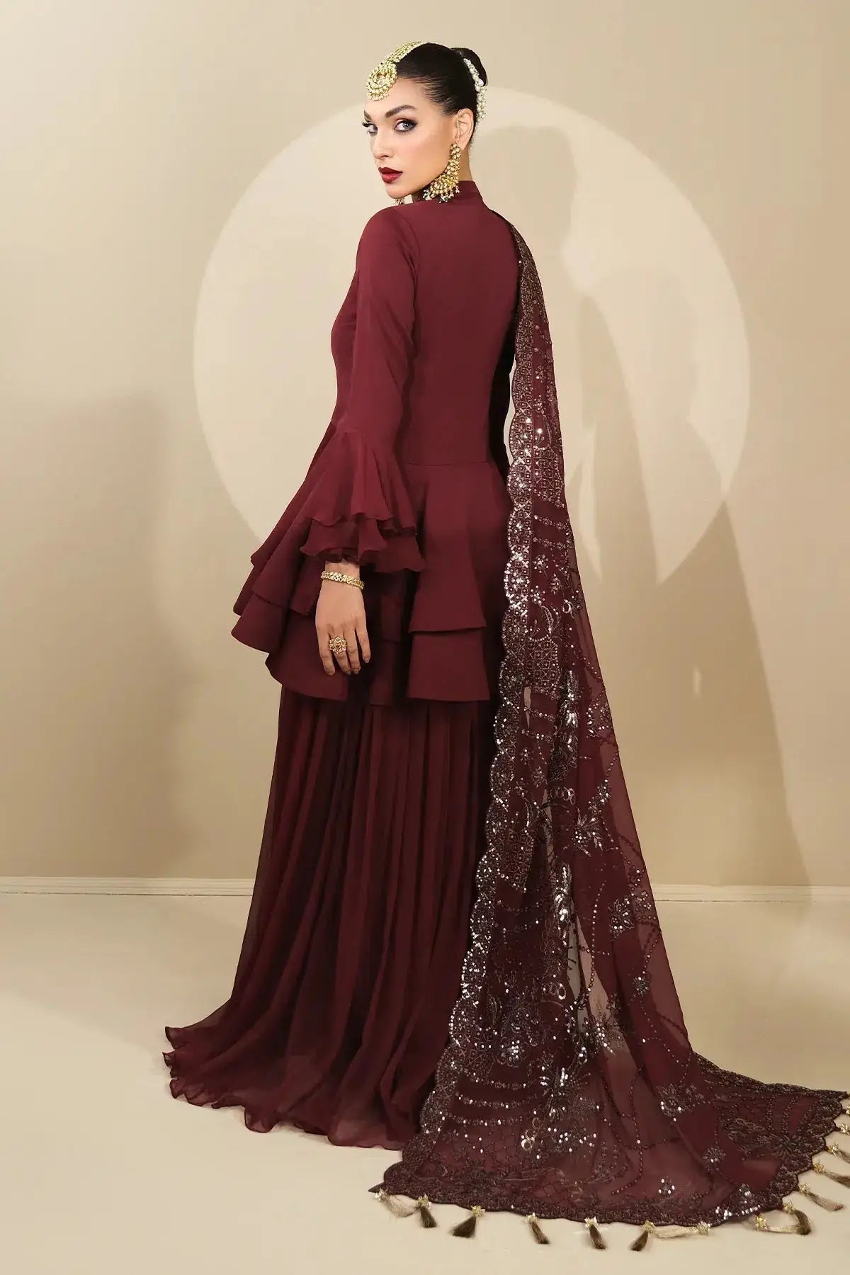 Alizeh | Formals Collection | Maroon Peplum 3 piece - RTW1014 - Pakistani Designer Dress - by Alizeh | Type: Formal - 100% Original at Saira Sultan