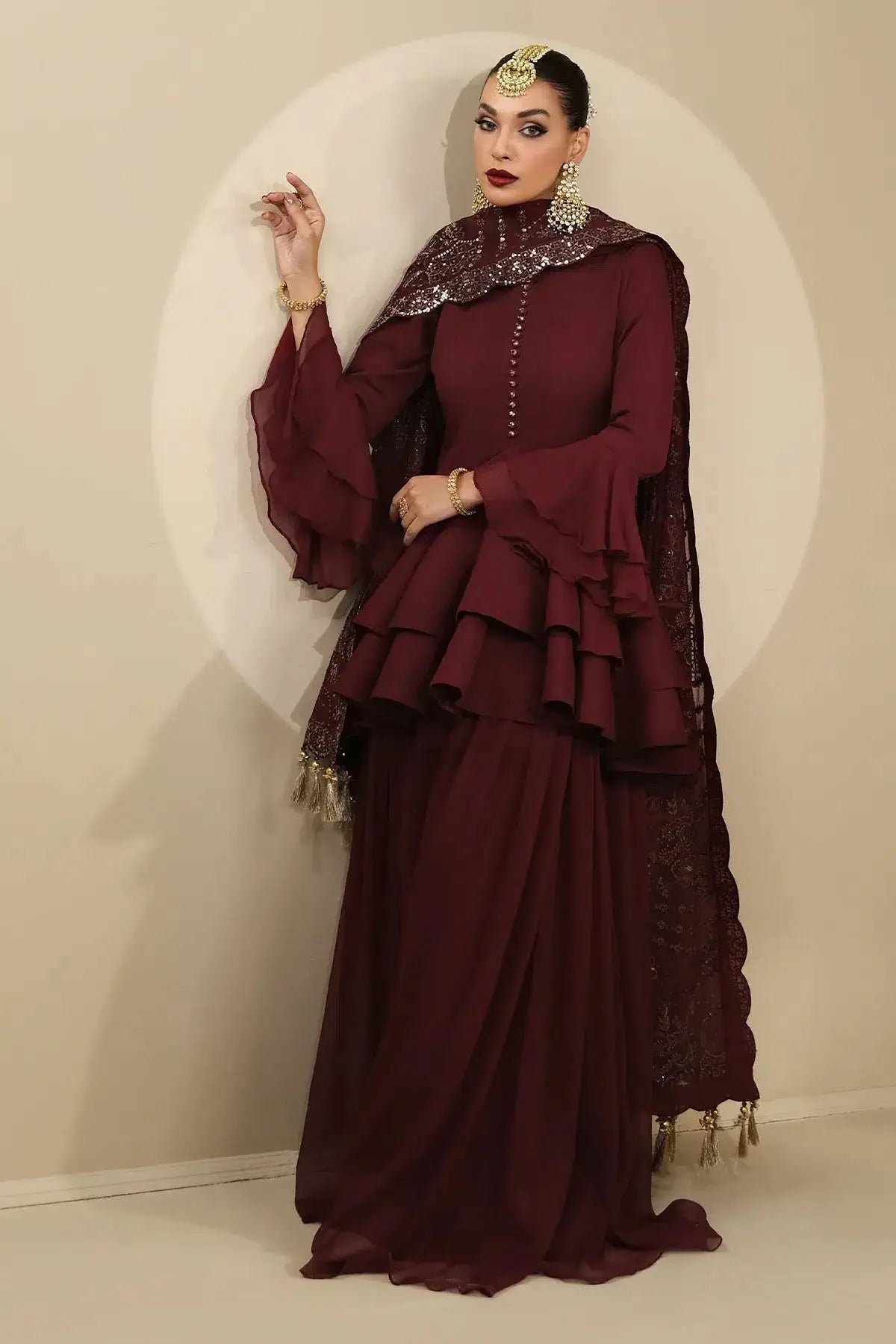 Alizeh | Formals Collection | Maroon Peplum 3 piece - RTW1014 - Pakistani Designer Dress - by Alizeh | Type: Formal - 100% Original at Saira Sultan