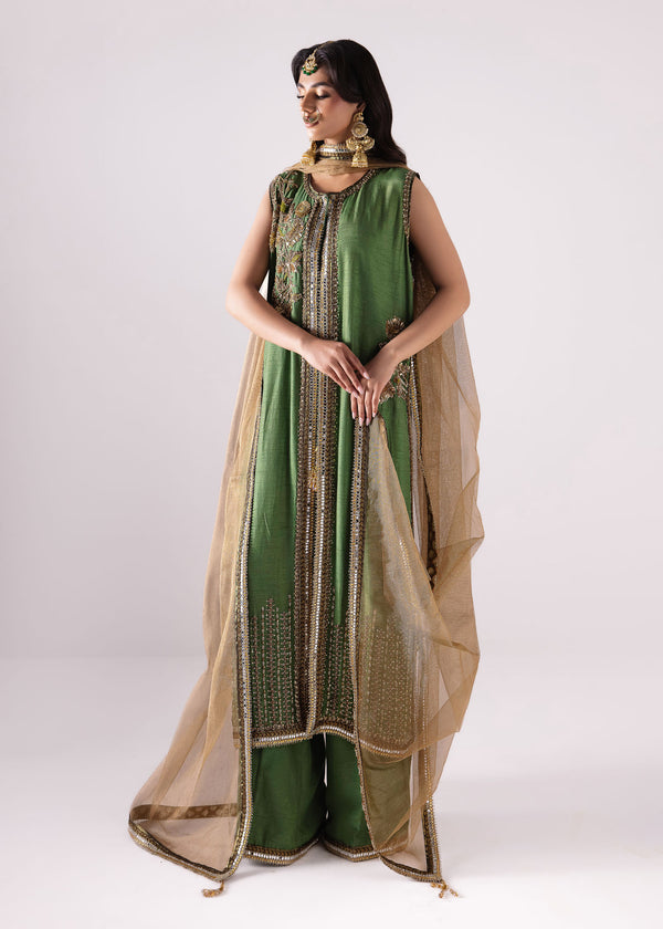 Laj | Elaheh Formals | FREESIA XS Olive Green Raw Silk