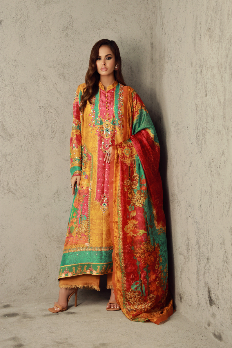 Wardha Saleem | Luxury Pret Traditional Wear | ARWA XS Mustard Pure Raw Silk