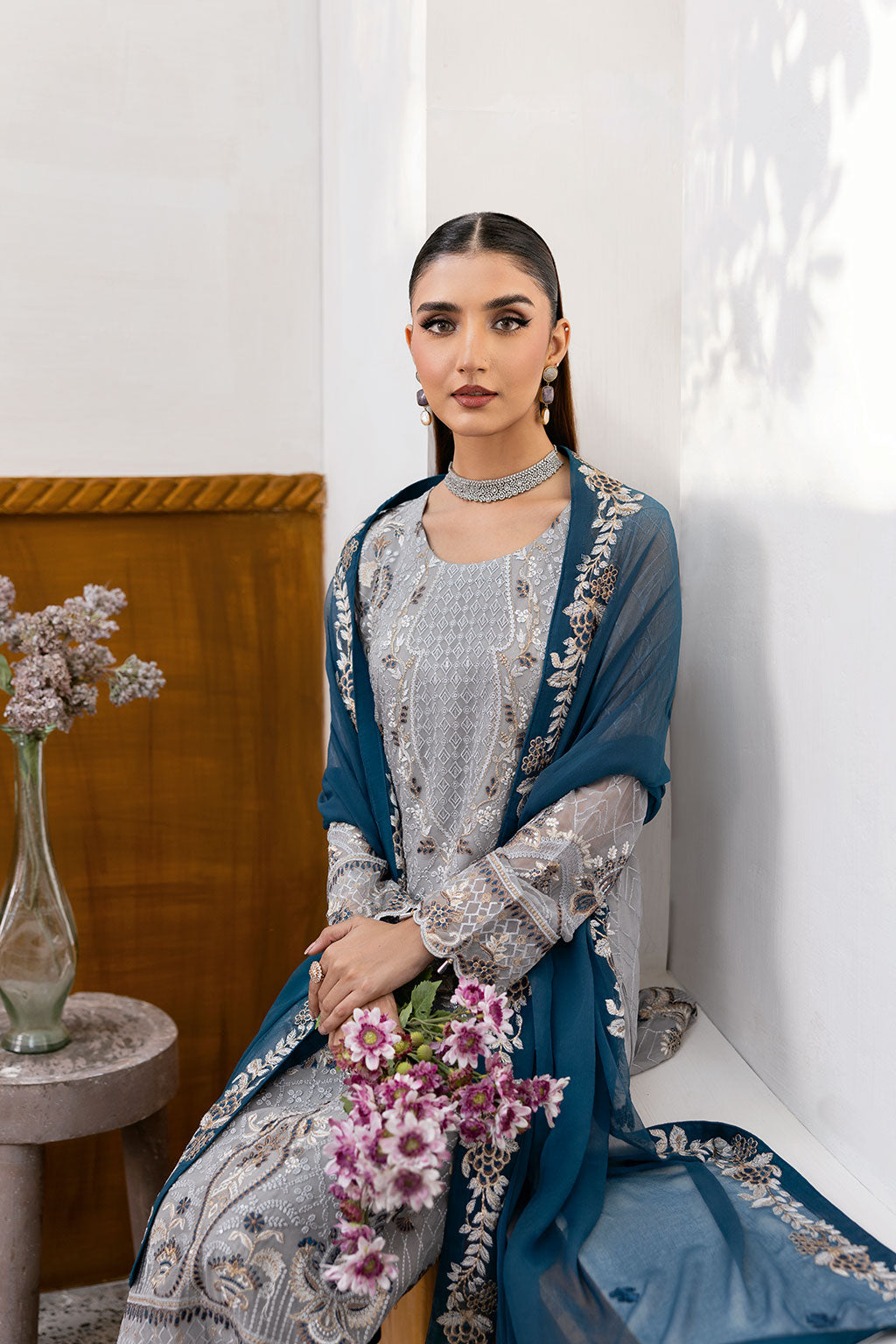 Ramsha | Chevron Chiffon Collection |A-1001 L Light Blue Gray Chiffon