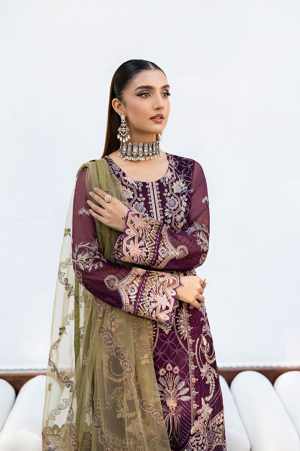 Ramsha | Chevron Chiffon Collection | A-1002 M Dark Plum Chiffon